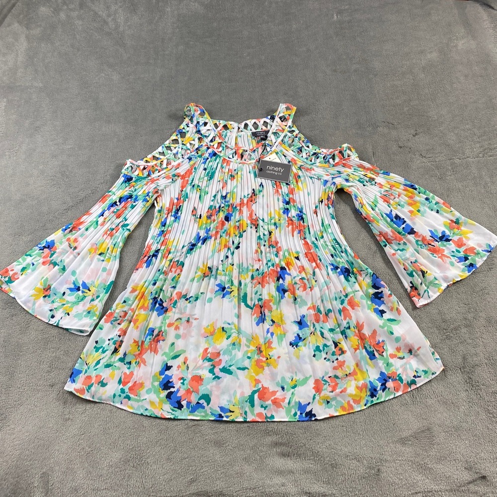 Ninety Clothing Co Top Womens M White Multi Floral Cold Shoulder Pleated Lattice